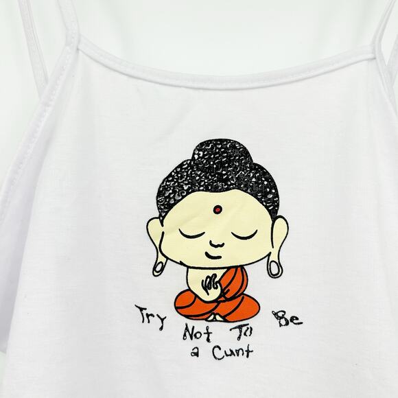 Womens Novelty Monk Buddha Try Not To Be A C*nt‎ Graphic Crop Tank Top Size L - Picture 2 of 4